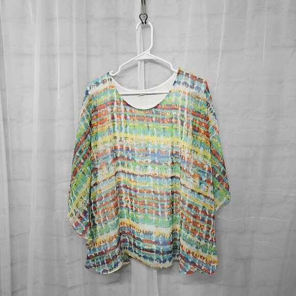 Signature Collection Green Blue Tie Dye Cape Blouse Boho Colorful Festival L - Picture 8 of 12